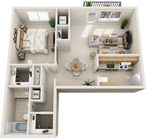 Floor plan for 1 bed, 1 bath, 750 sqft